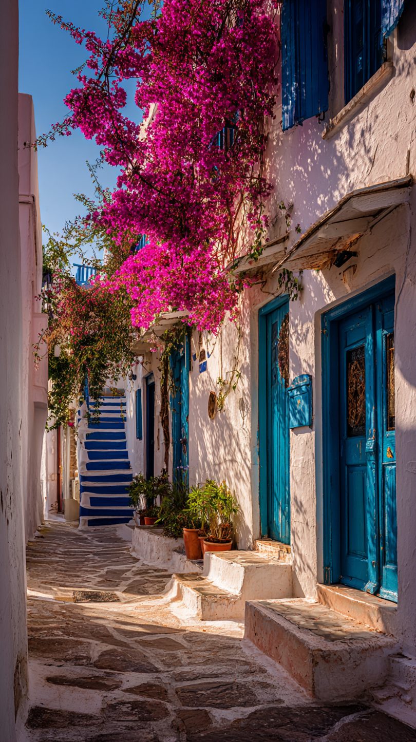 A narrow, sunlit alleyway with white buildings, vibrant pink bougainvillea, and blue doors and stairs.