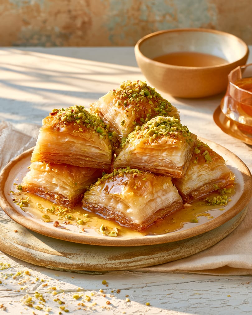 Golden baklava pieces, drizzled with honey and sprinkled with pistachios, on a rustic plate.