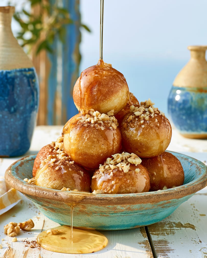 Golden loukoumades drizzled with honey and sprinkled with nuts in a blue bowl on a white table.